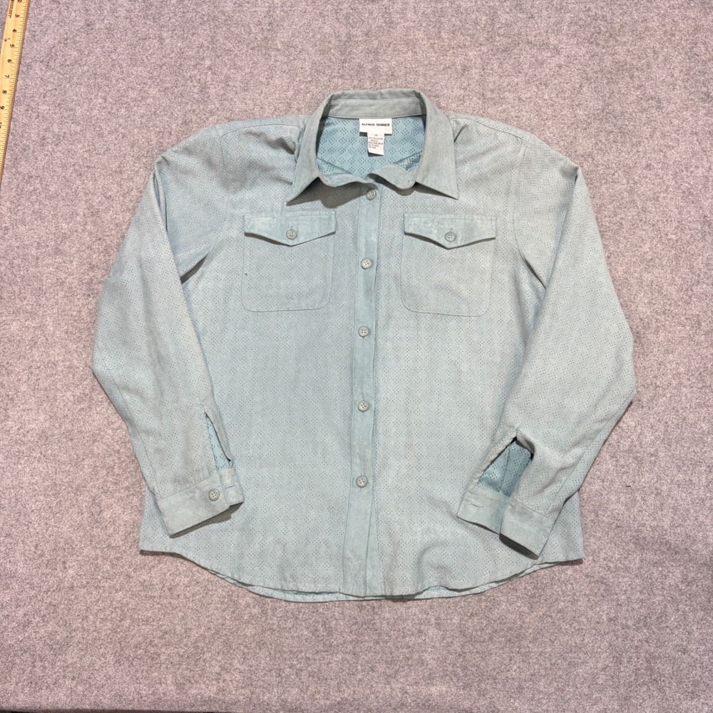 Alfred Dunner Light Blue Faux Suede Perforated Button Down Shirt Womens 14